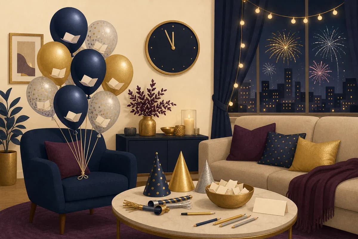A living room ready for New Year's Eve games, with balloons holding paper slips, party hats on the coffee table and a wall clock close to midnight.