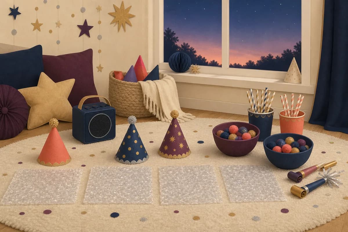 A rug set for a kids' New Year's Eve countdown, with bubble-wrap squares in a row, paper party hats and bowls of pom-poms with straws and cups.