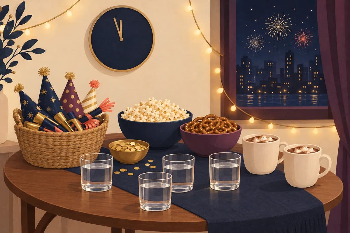 A side table at midnight with a clock near twelve, party hats, noisemakers, gold confetti, a bowl of snacks, glasses and mugs under string lights.