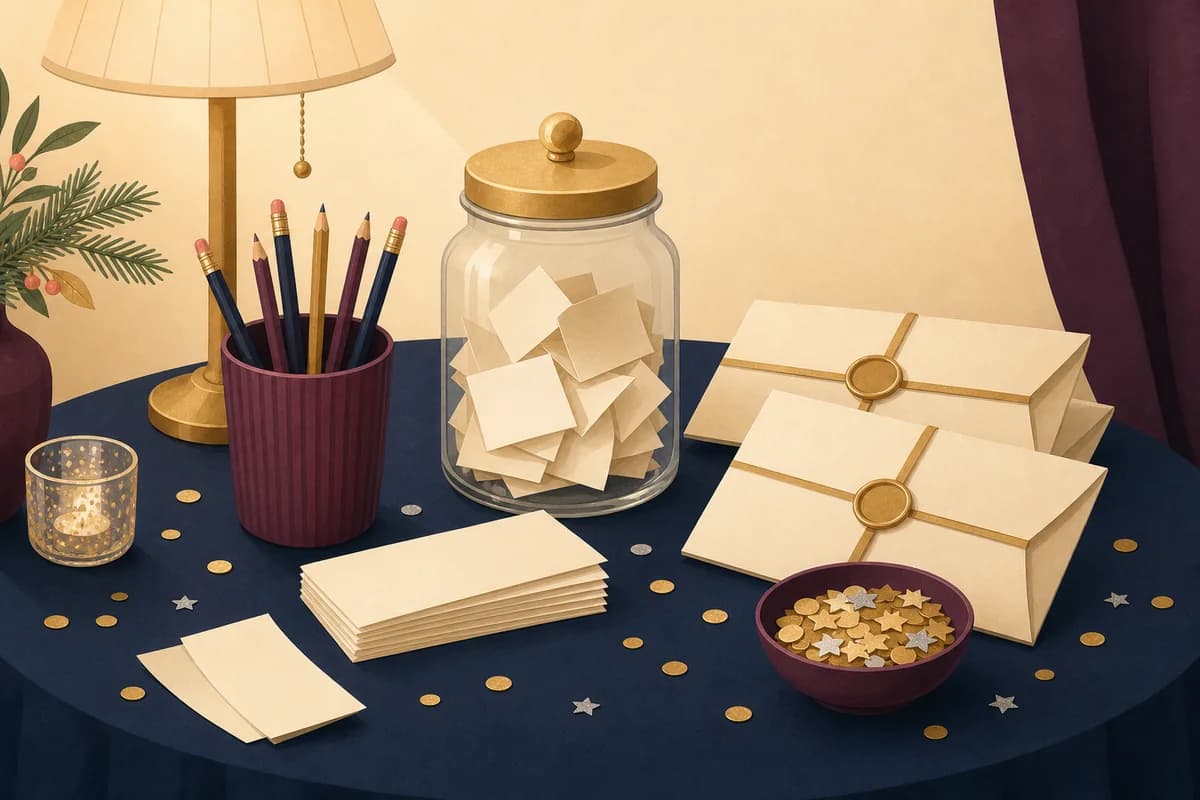 A jar of folded paper slips, pencils and three ribboned envelopes sit on a small table, ready for resolution games.