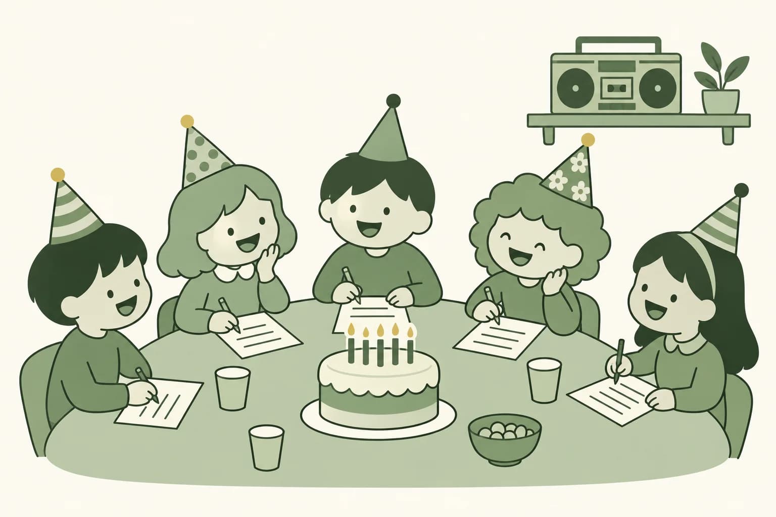 Cartoon friends laughing around a table at a birthday party, writing answers on trivia sheets beside a cake with candles, with a boom box on a shelf behind them