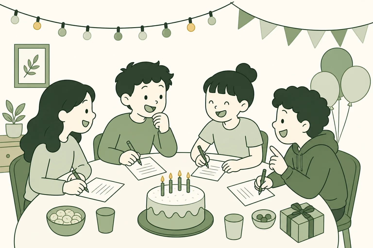 Cartoon friends laughing around a table at a birthday party, writing answers on trivia sheets beside a cake with candles, with string lights overhead