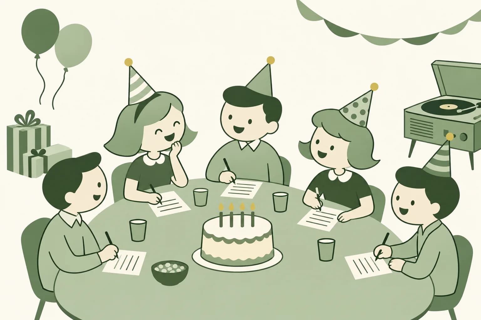 Cartoon friends laughing around a table at a birthday party, writing answers on trivia sheets beside a cake with candles, with a record player spinning in the corner