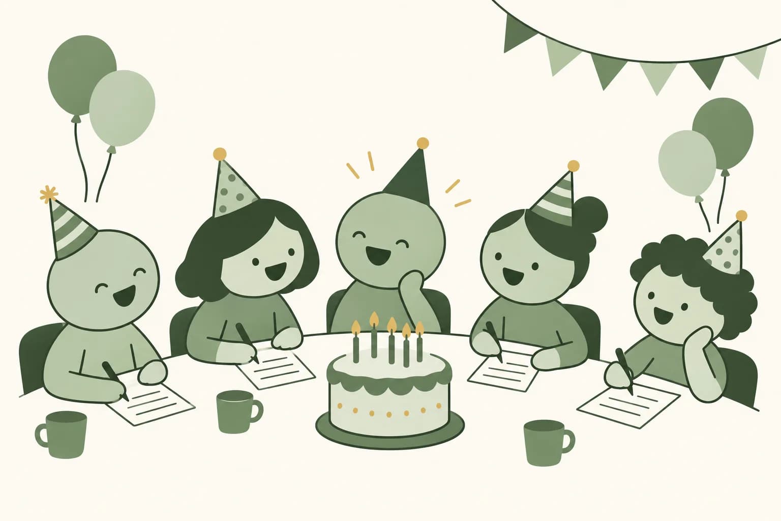 Cartoon friends laughing around a table at a birthday party, writing answers on trivia sheets beside a cake with candles