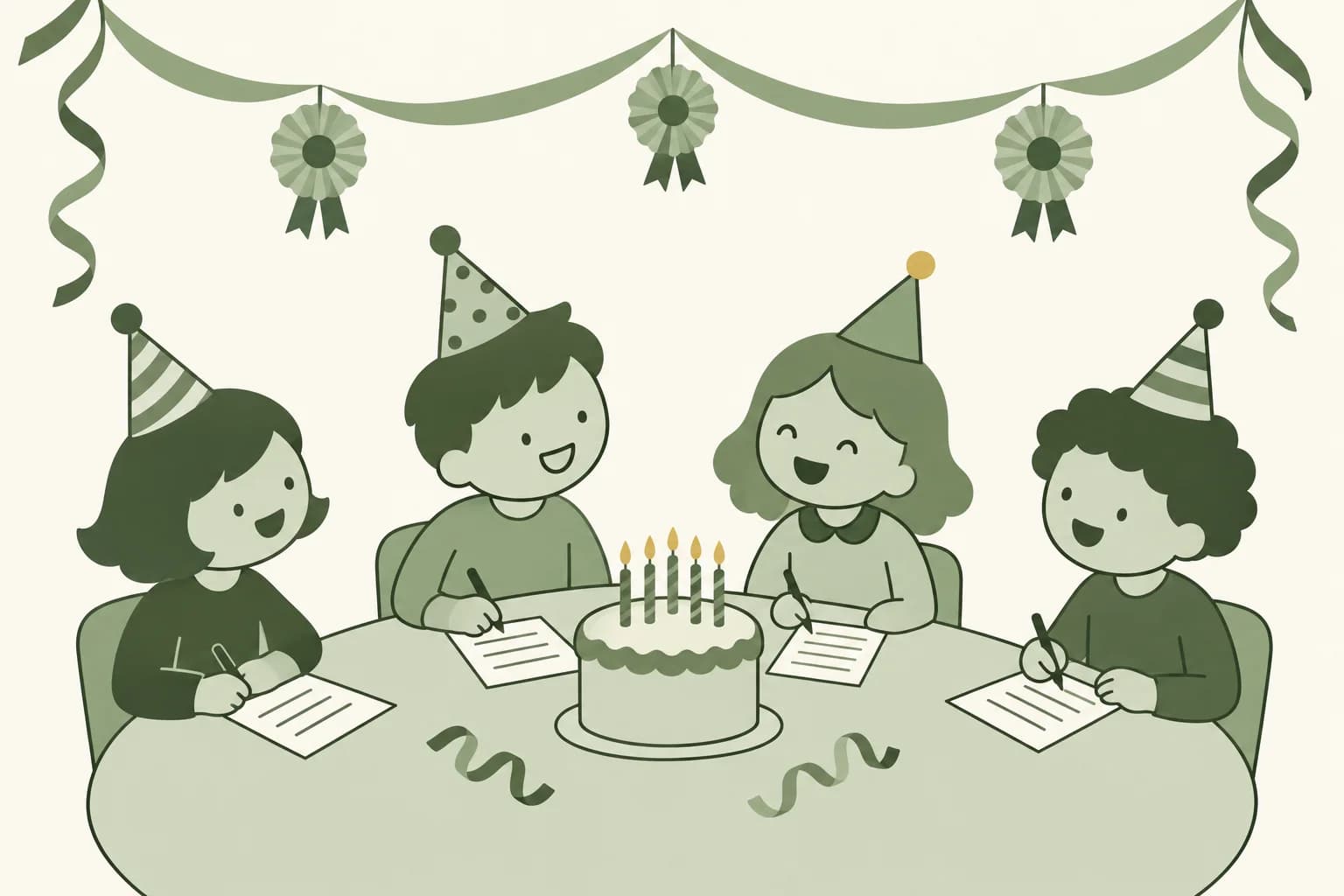 Cartoon friends laughing around a table at a birthday party, writing answers on trivia sheets beside a cake with candles, with paper medals and streamers overhead