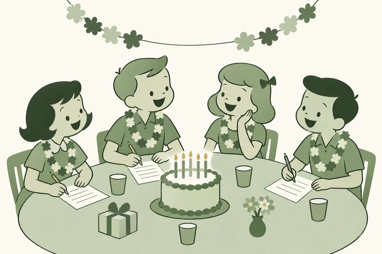 Cartoon friends laughing around a table at a birthday party, writing answers on trivia sheets beside a cake with candles, with paper leis hanging on the wall