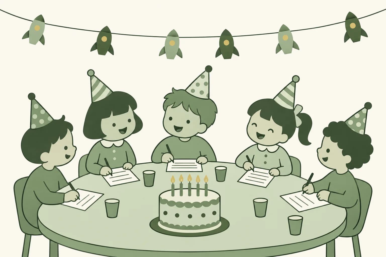 Cartoon friends laughing around a table at a birthday party, writing answers on trivia sheets beside a cake with candles, with paper rocket garlands overhead