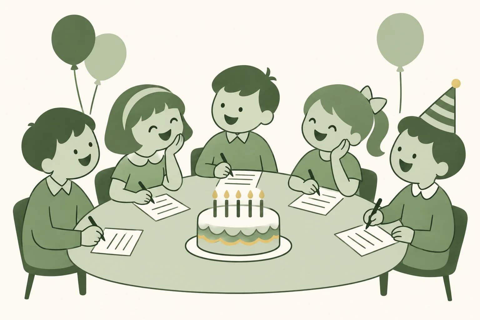 Cartoon friends laughing around a table at a birthday party, writing answers on trivia sheets beside a cake with candles