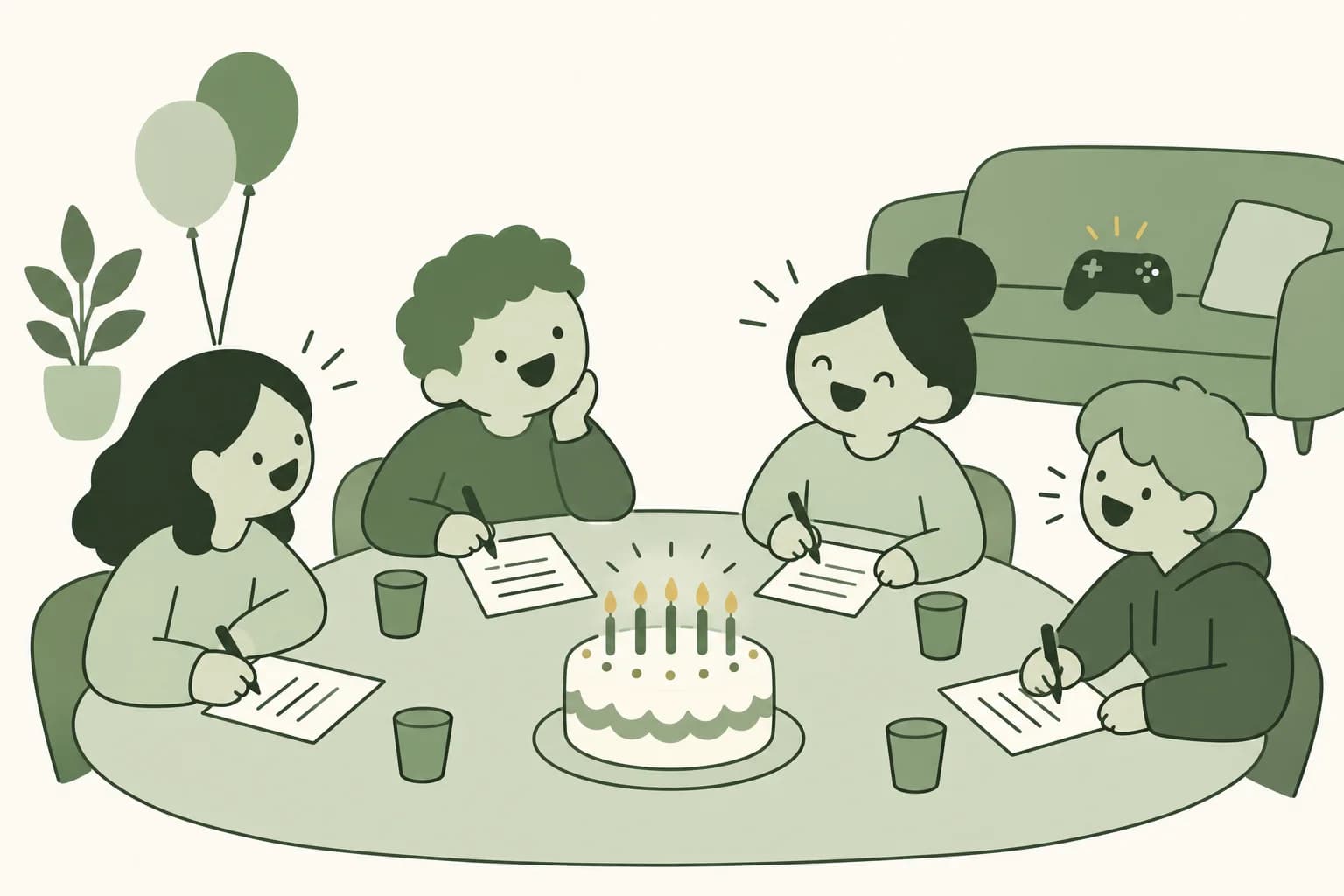 Cartoon friends laughing around a table at a birthday party, writing answers on trivia sheets beside a cake with candles and a game controller on a couch behind them