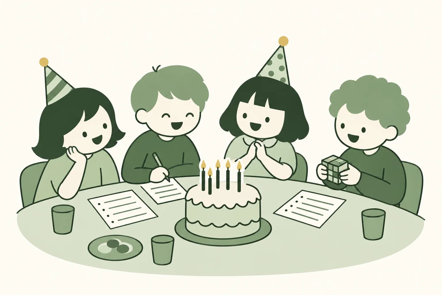 Cartoon friends laughing around a table at a birthday party, working on a trivia sheet and a cube puzzle beside a cake with candles