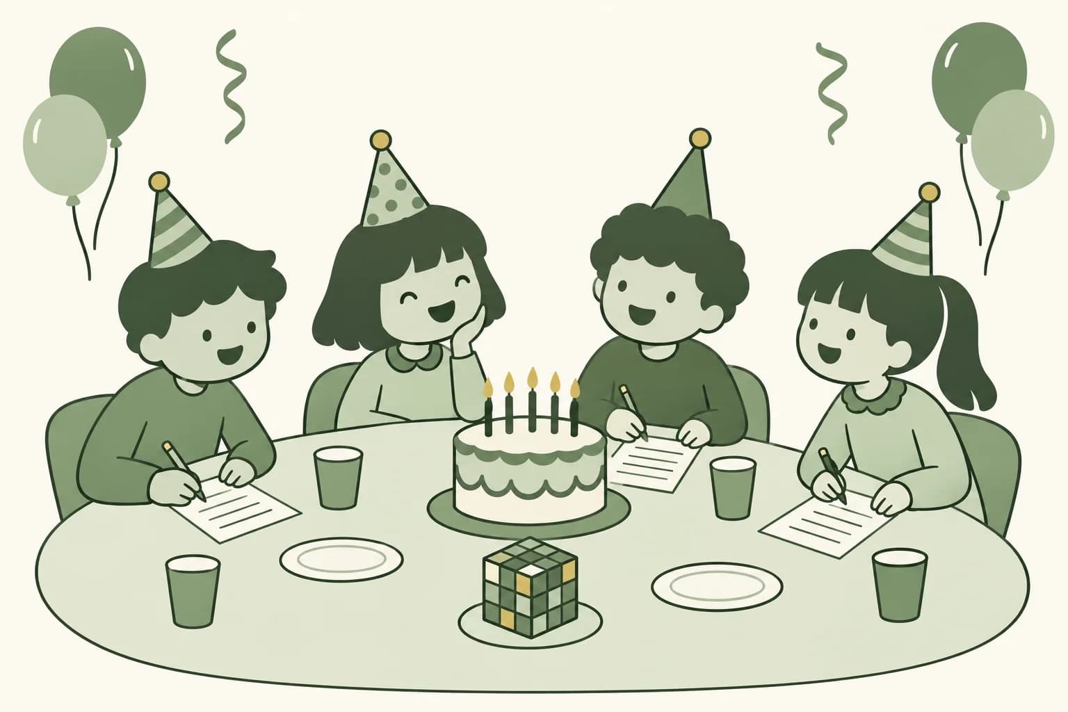 Cartoon friends laughing around a table at a birthday party, writing answers on trivia sheets beside a cake with candles and a puzzle cube centerpiece
