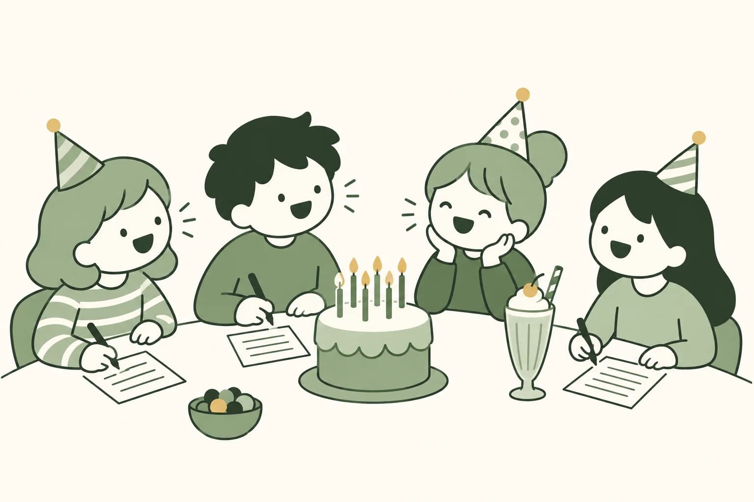 Cartoon friends laughing around a table at a birthday party, writing answers on trivia sheets beside a cake with candles and a milkshake