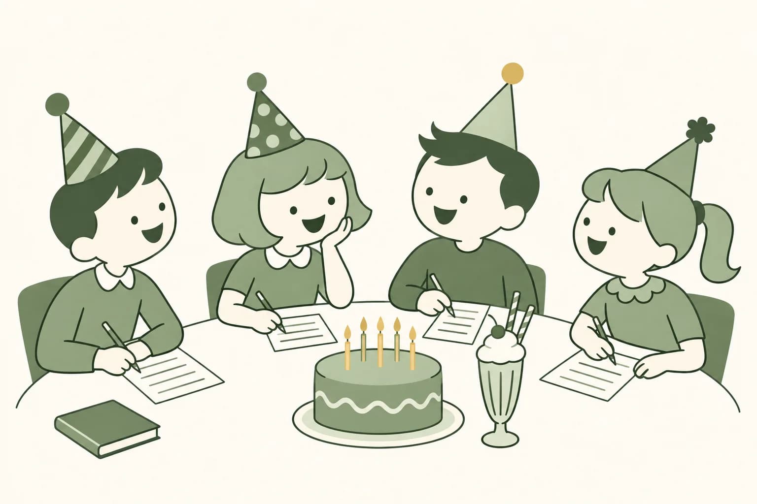 Cartoon friends laughing around a table at a birthday party, writing answers on trivia sheets beside a cake with candles and a milkshake with two straws