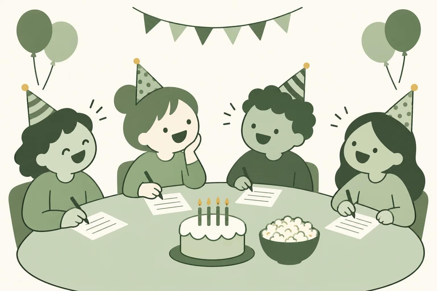Cartoon friends laughing around a table at a birthday party, writing answers on trivia sheets beside a cake with candles and a bowl of popcorn