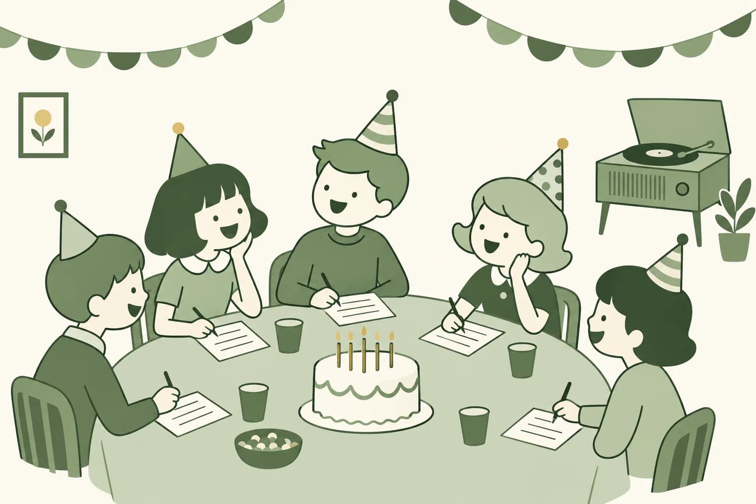 Cartoon friends laughing around a table at a birthday party, writing answers on trivia sheets beside a cake with candles, with a record player and paper garlands in the background