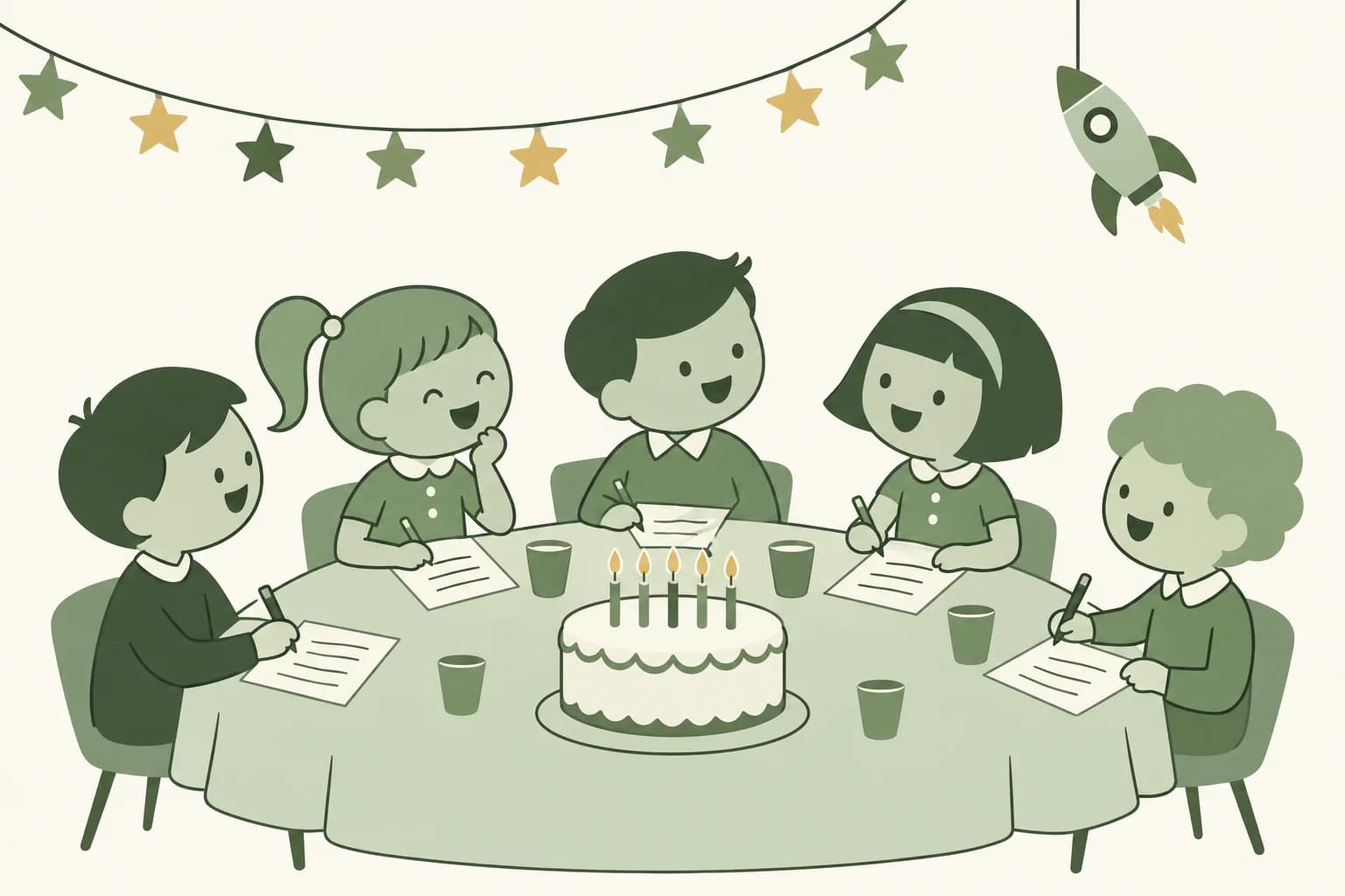Cartoon friends laughing around a table at a birthday party, writing answers on trivia sheets beside a cake with candles, with paper star garlands and a toy rocket overhead