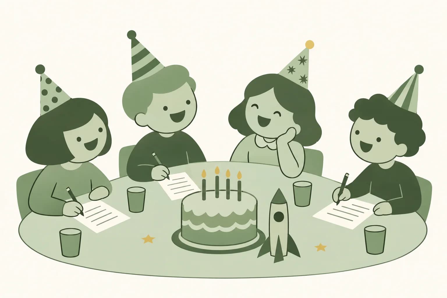 Cartoon friends laughing around a table at a birthday party, writing answers on trivia sheets beside a cake with candles and a paper rocket