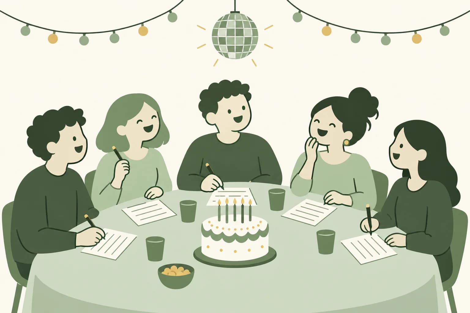 Cartoon friends laughing around a table at a birthday party, writing answers on trivia sheets beside a cake with candles
