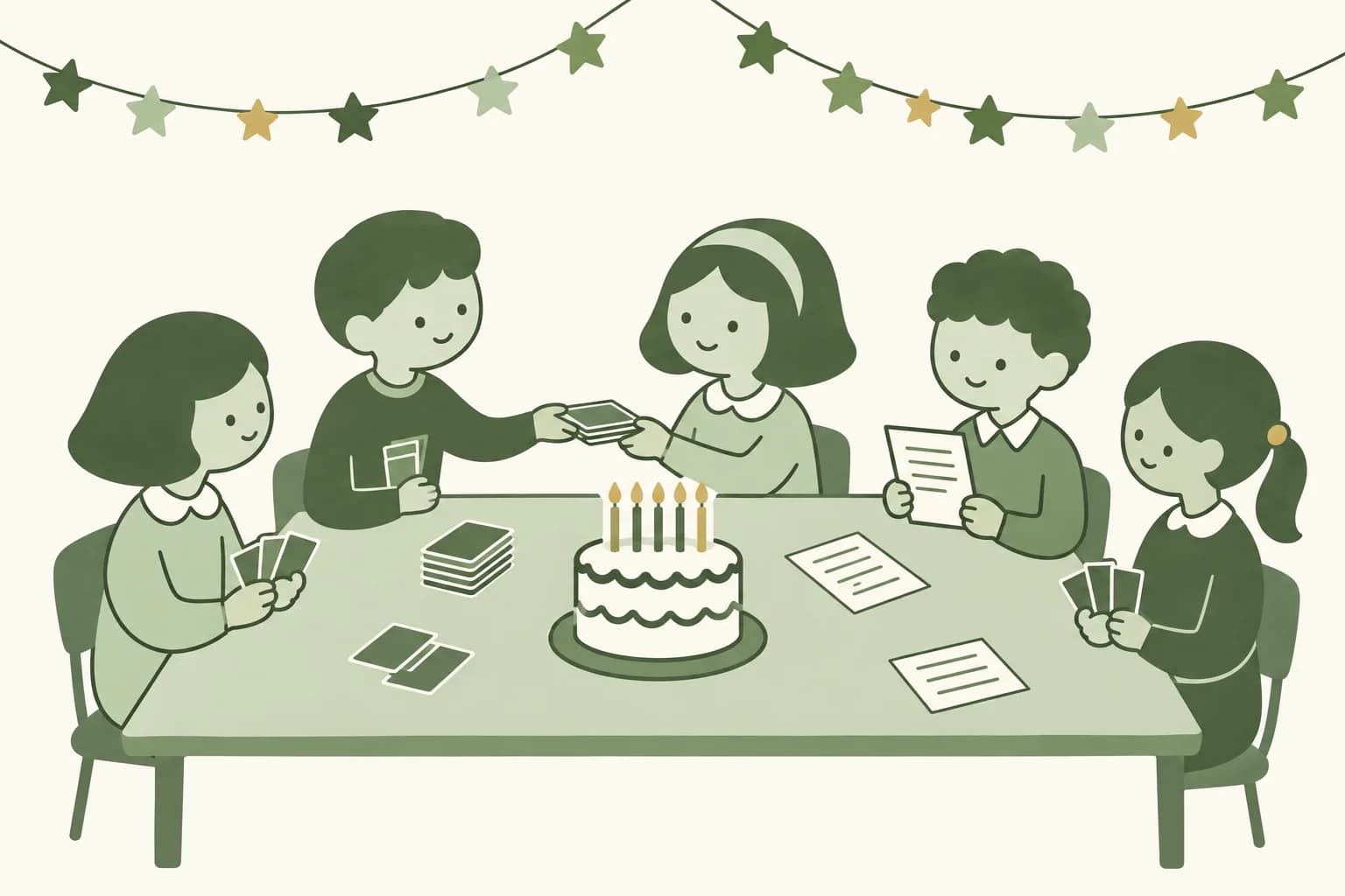 Cartoon guests around a birthday table passing a card game and trivia sheets, with a cake with candles and foil star garlands overhead