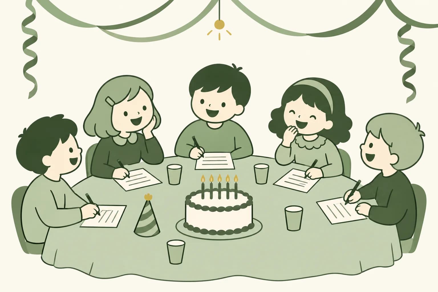 Cartoon friends laughing around a table at a birthday party, writing answers on trivia sheets beside a cake with candles, with streamers overhead