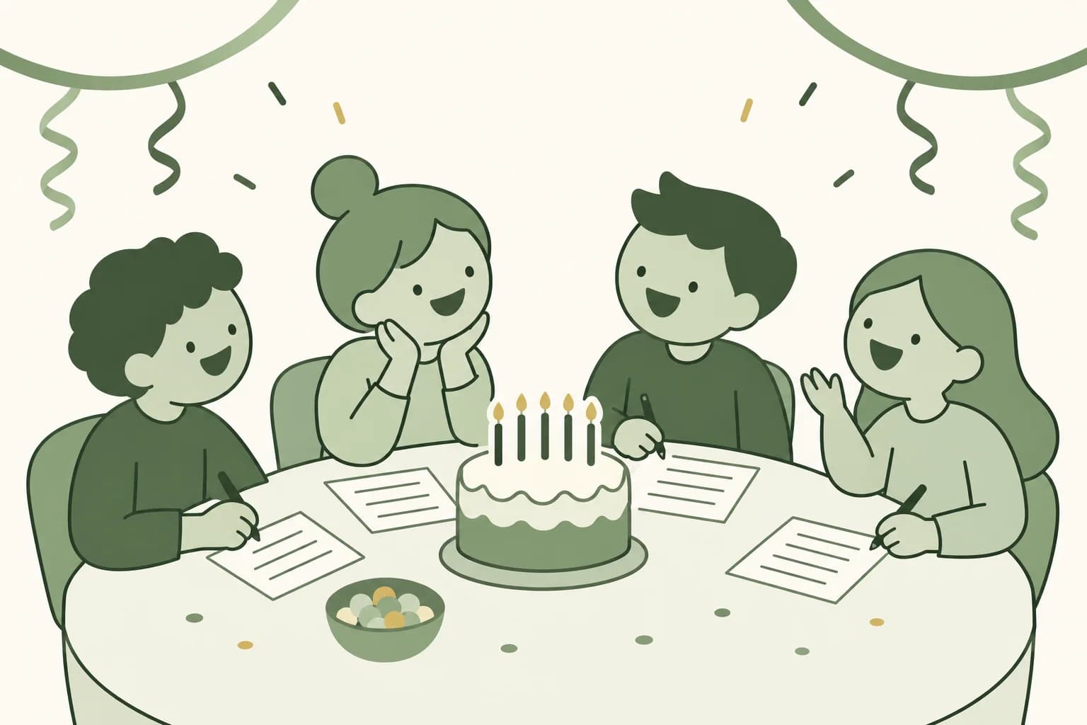 Cartoon friends laughing around a table at a birthday party, writing answers on trivia sheets beside a cake with candles, with streamers overhead