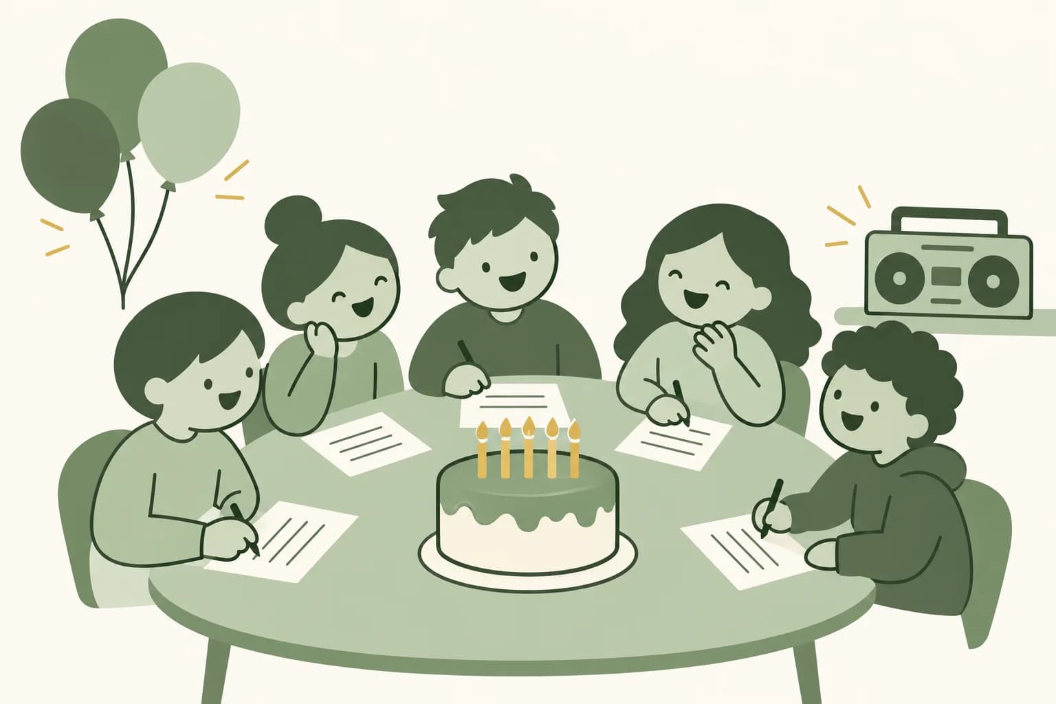 Cartoon friends laughing around a table at a birthday party, writing answers on trivia sheets beside a cake with candles, with a boom box and balloons nearby