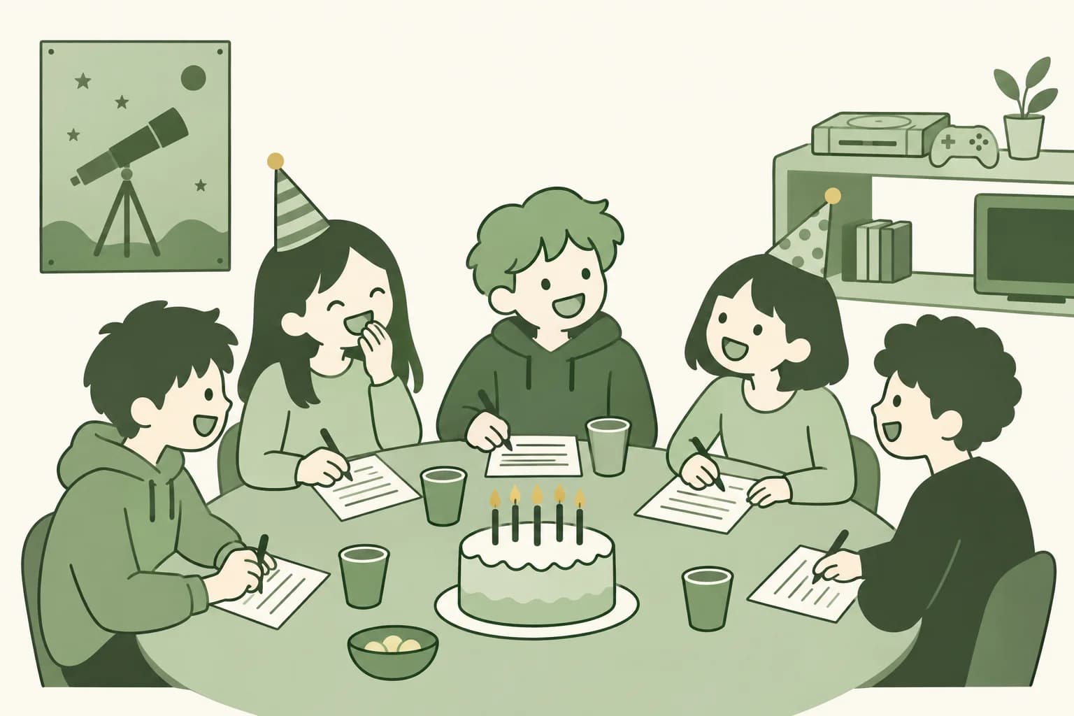 Cartoon teens laughing around a table at a birthday party, writing answers on trivia sheets beside a cake with candles, with a poster of a telescope on the wall and a game console on a shelf behind them