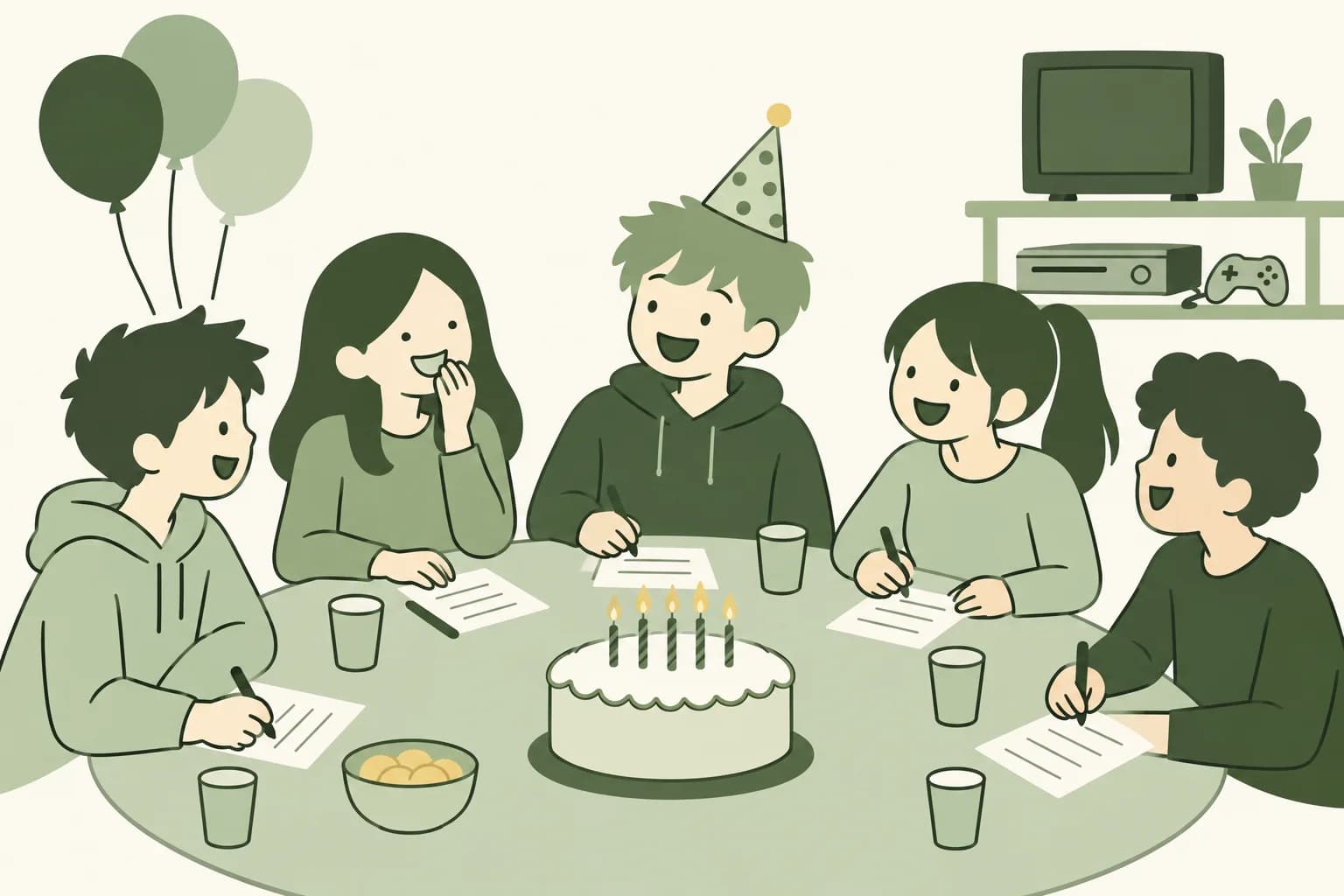 Cartoon teens laughing around a table at a birthday party, writing answers on trivia sheets beside a cake with candles, with a game console on a shelf behind them