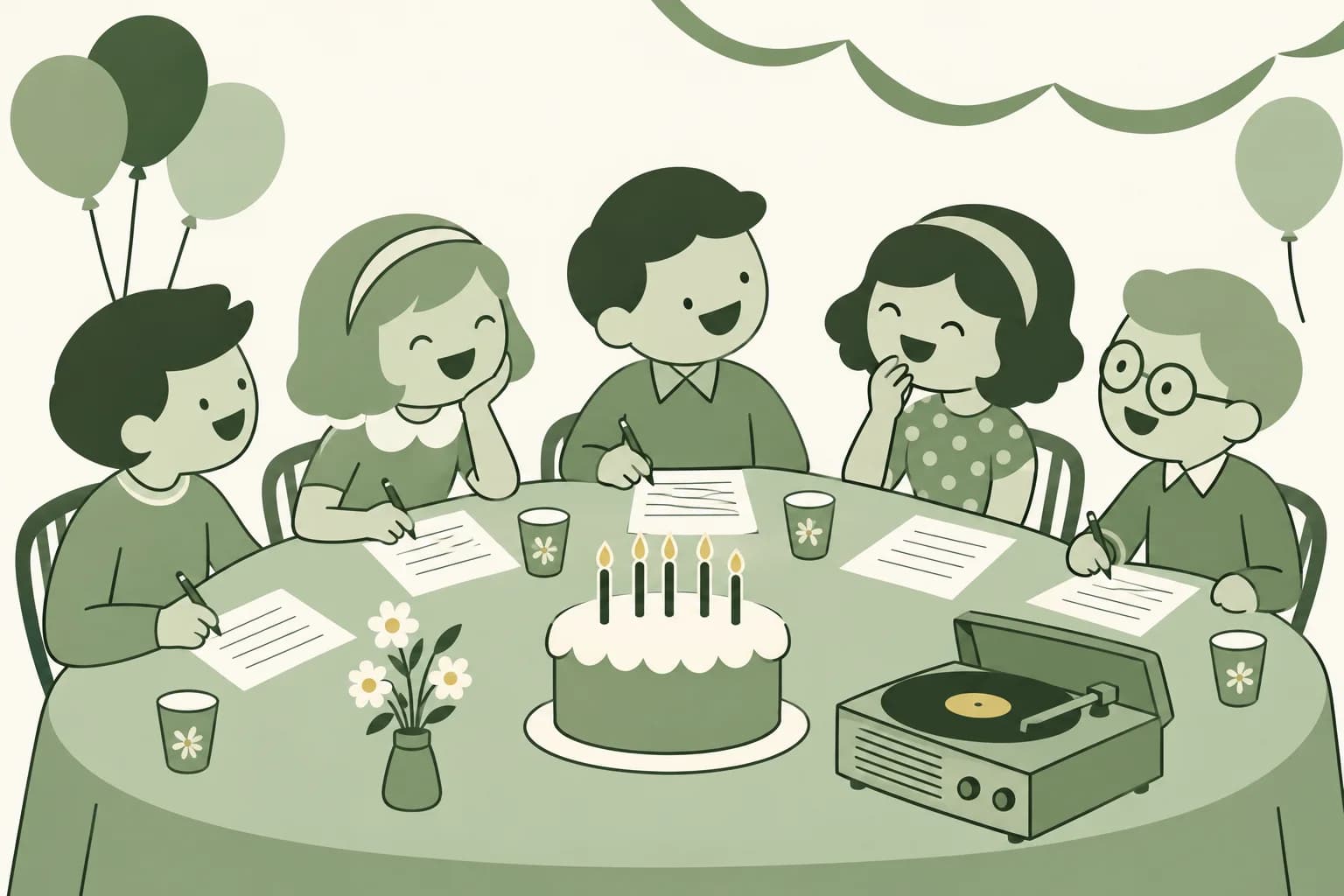 Cartoon friends laughing around a table at a birthday party, writing answers on trivia sheets beside a cake with candles and a record player