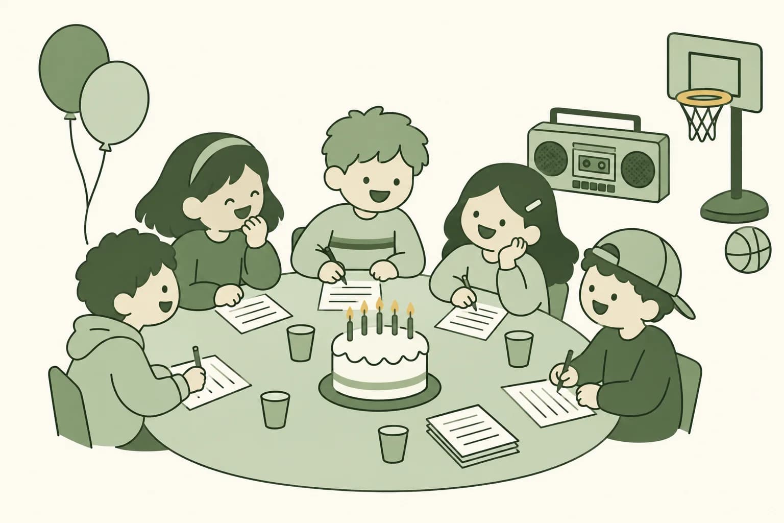 Cartoon friends laughing around a table at a birthday party, writing answers on trivia sheets beside a cake with candles, with a cassette player and a mini basketball hoop nearby
