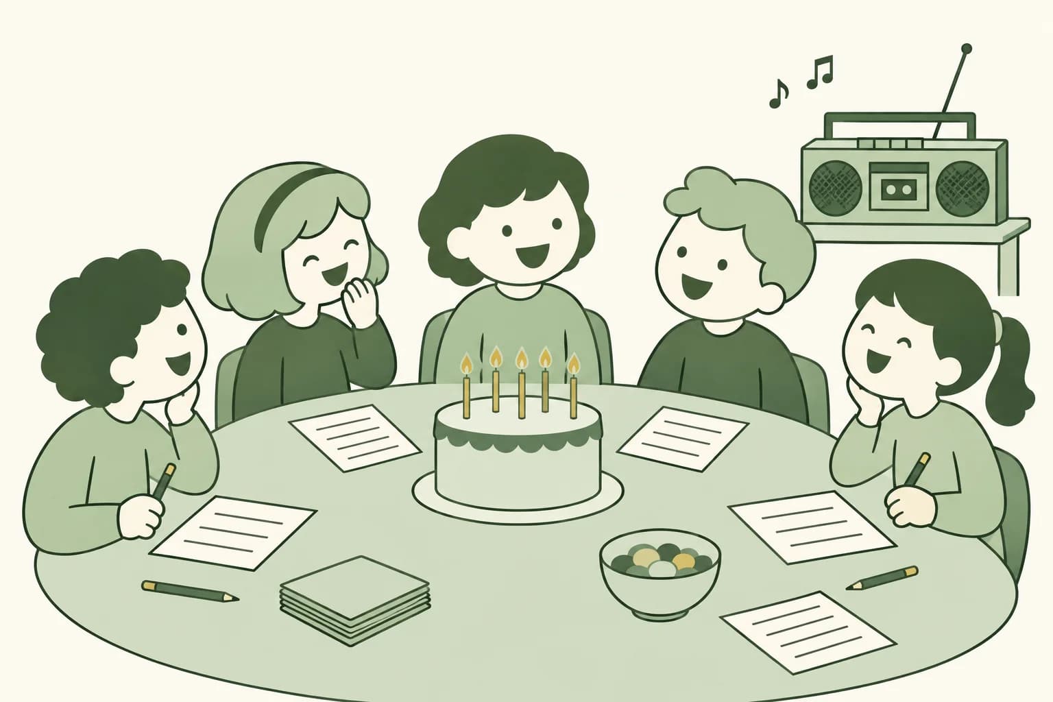 Cartoon guests laughing around a birthday party table with pencils and quiz sheets, a boombox playing and a cake with candles
