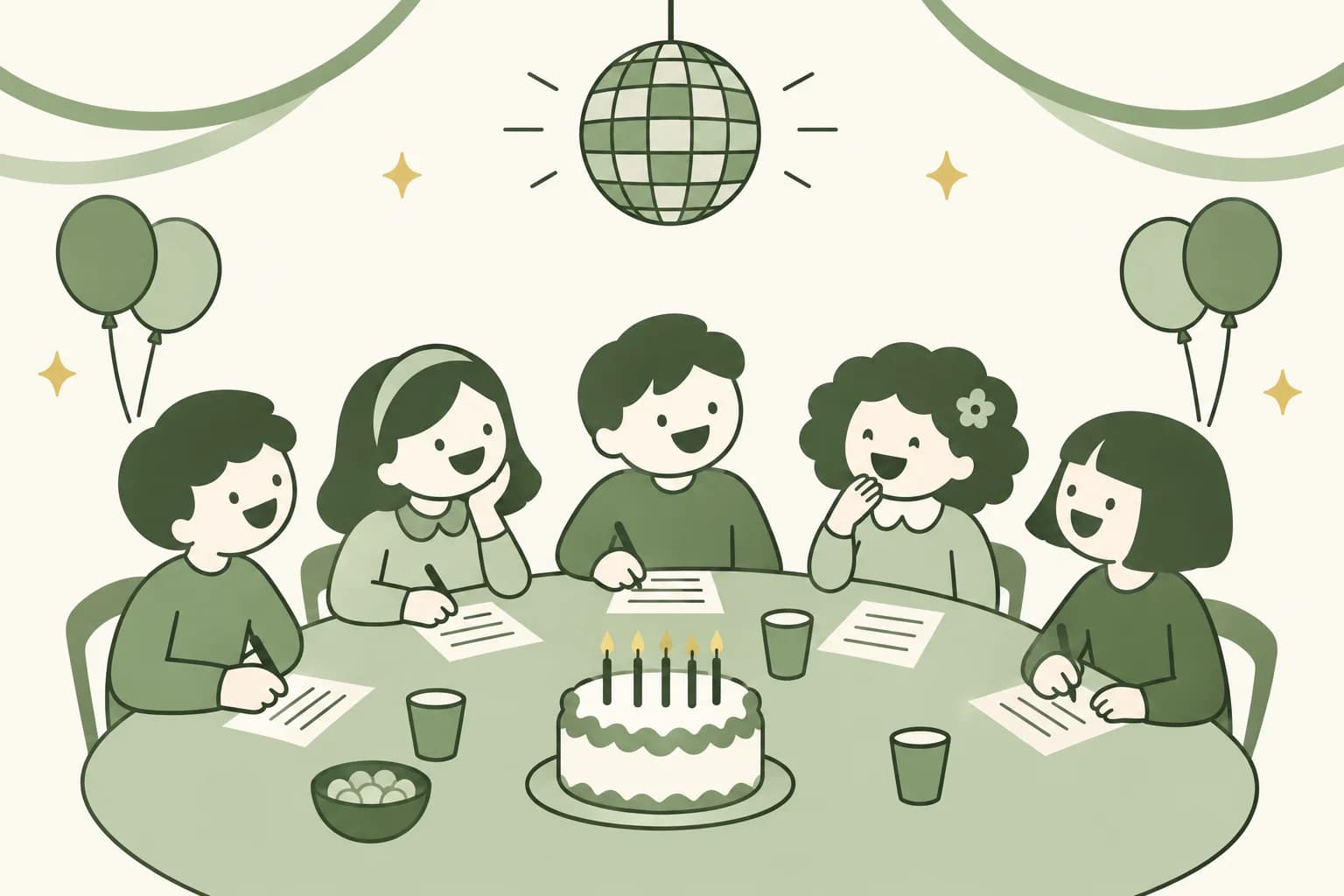 Cartoon friends laughing around a table at a birthday party, writing answers on trivia sheets beneath a disco ball, beside a cake with candles