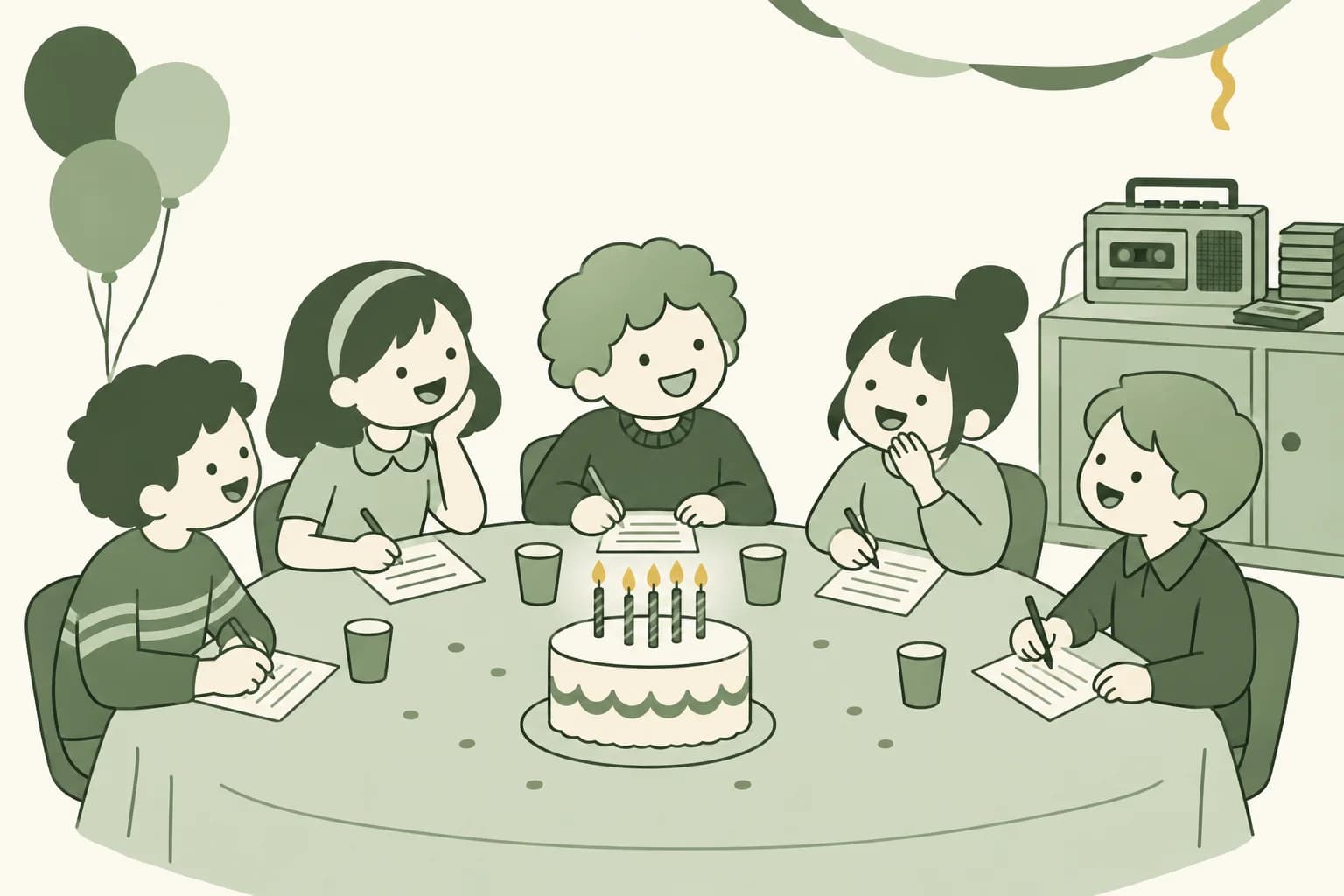 Cartoon friends laughing around a table at a birthday party, writing answers on trivia sheets beside a cake with candles, with a cassette player in the corner