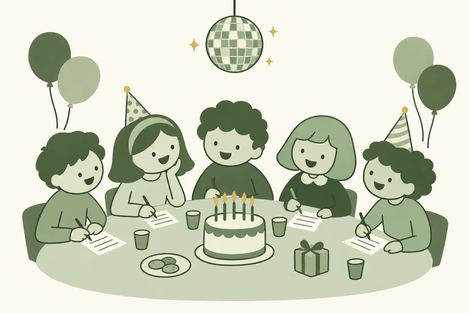 Cartoon friends laughing around a table at a birthday party, writing answers on trivia sheets beside a cake with candles, with a mirror ball overhead