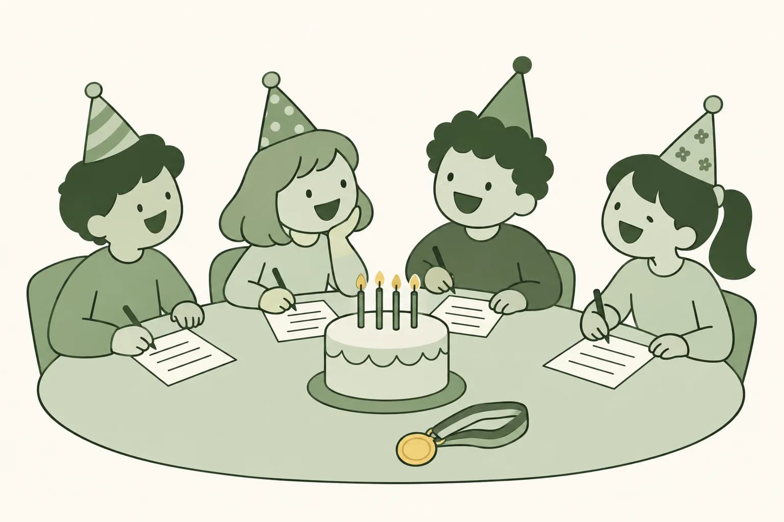 Cartoon friends laughing around a table at a birthday party, writing answers on trivia sheets beside a cake with candles and a medal on a ribbon