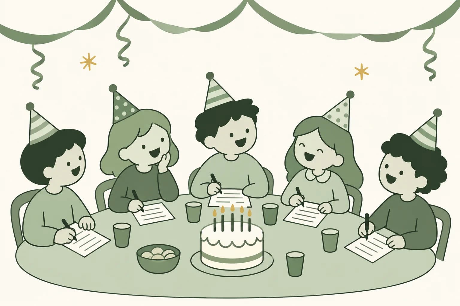Cartoon friends laughing around a table at a birthday party, writing answers on trivia sheets beside a cake with candles, with streamers overhead