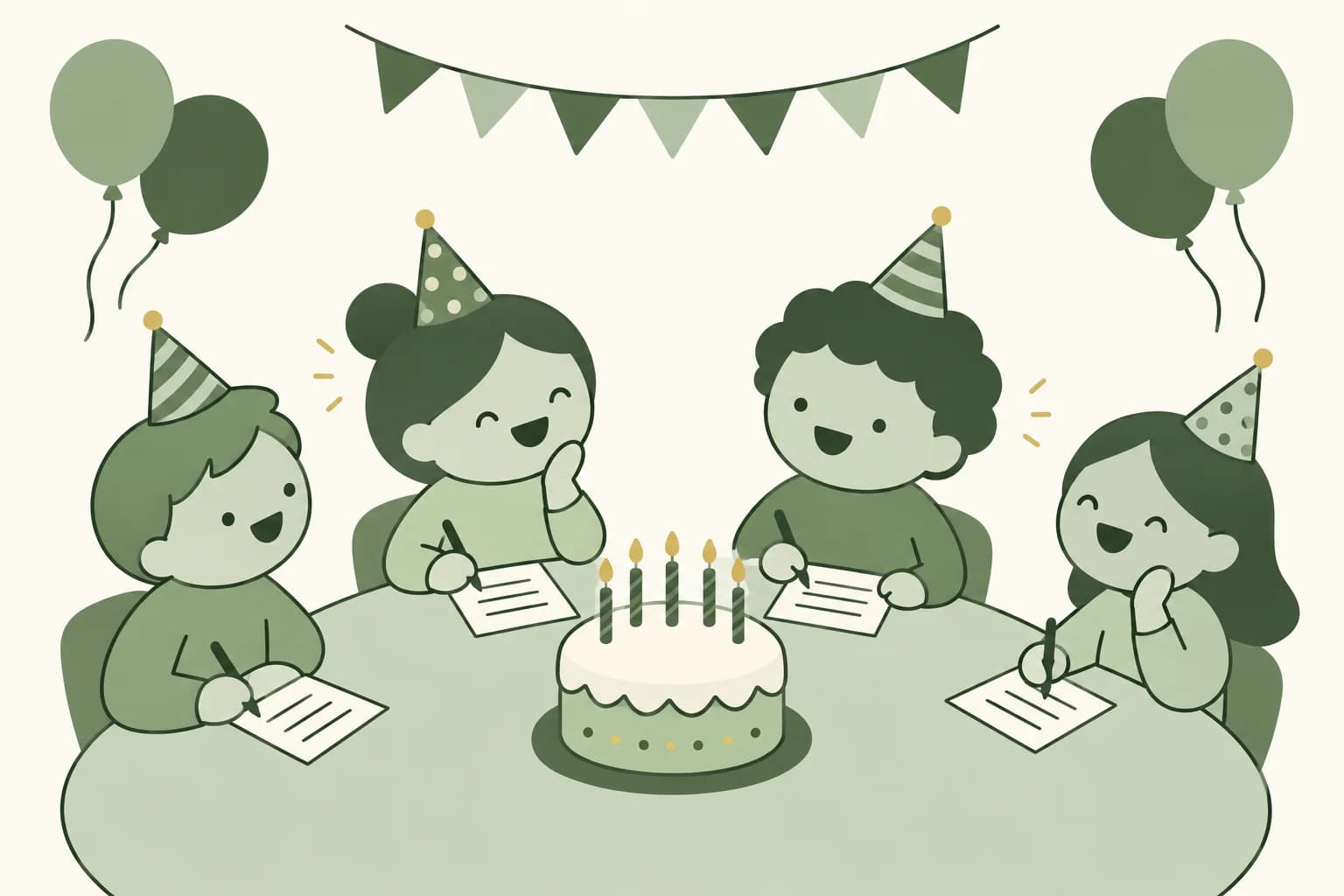 Cartoon friends laughing around a table at a birthday party, writing answers on trivia sheets beside a cake with candles