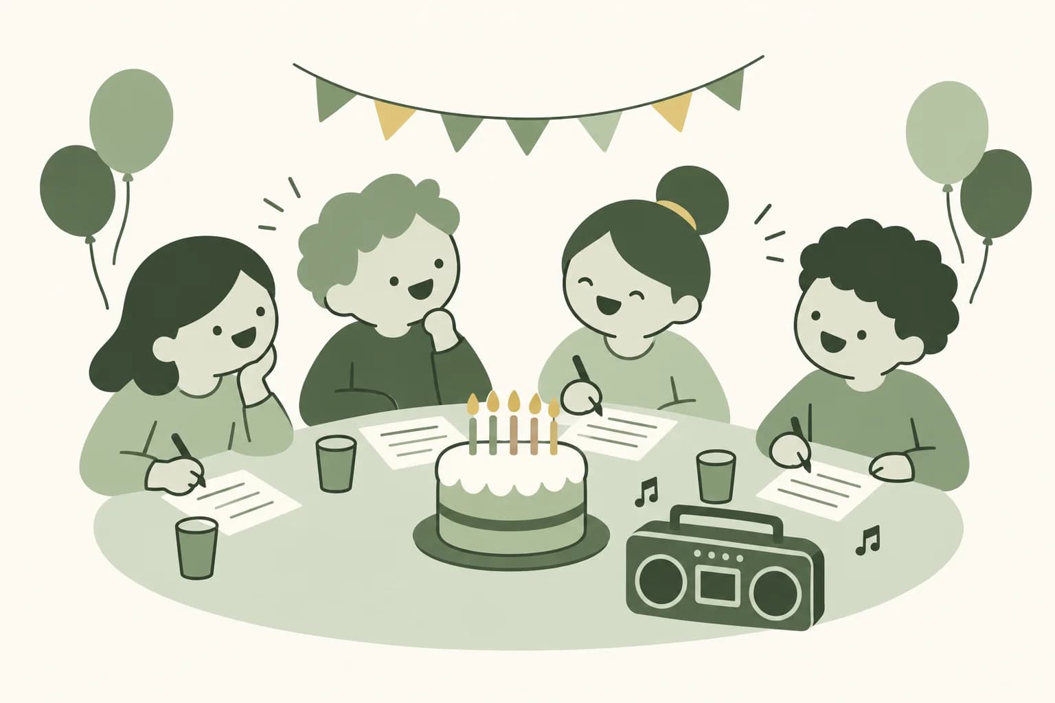 Cartoon friends laughing around a table at a birthday party, writing answers on trivia sheets beside a cake with candles and a boombox