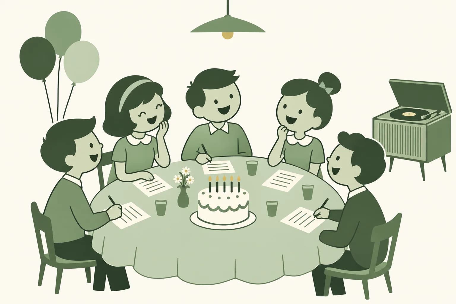 Cartoon friends laughing around a table at a birthday party, writing answers on trivia sheets beside a cake with candles, with a record player in the corner