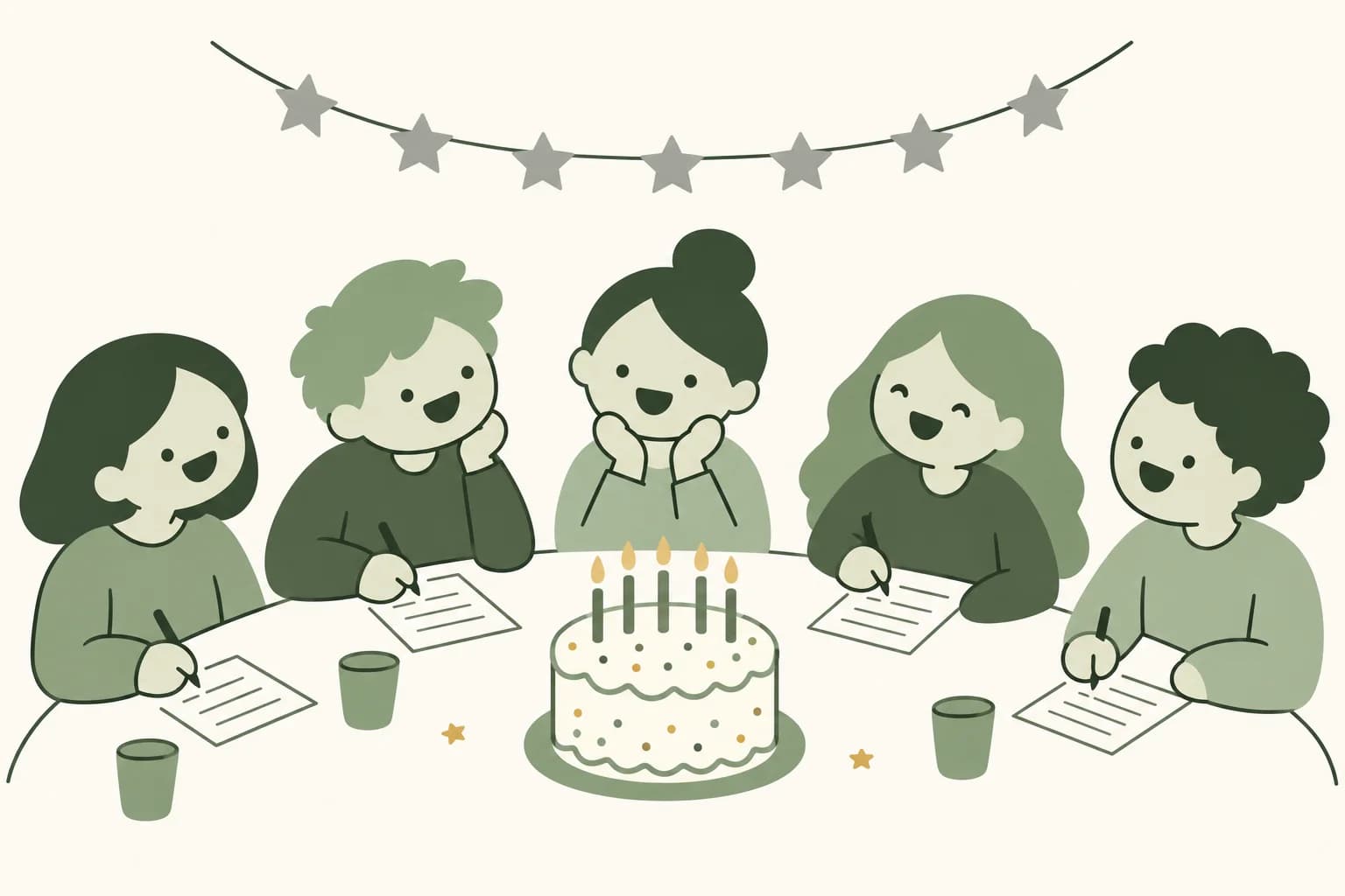 Cartoon friends laughing around a table at a birthday party, writing answers on trivia sheets beside a cake with candles, with a silver star garland on the wall