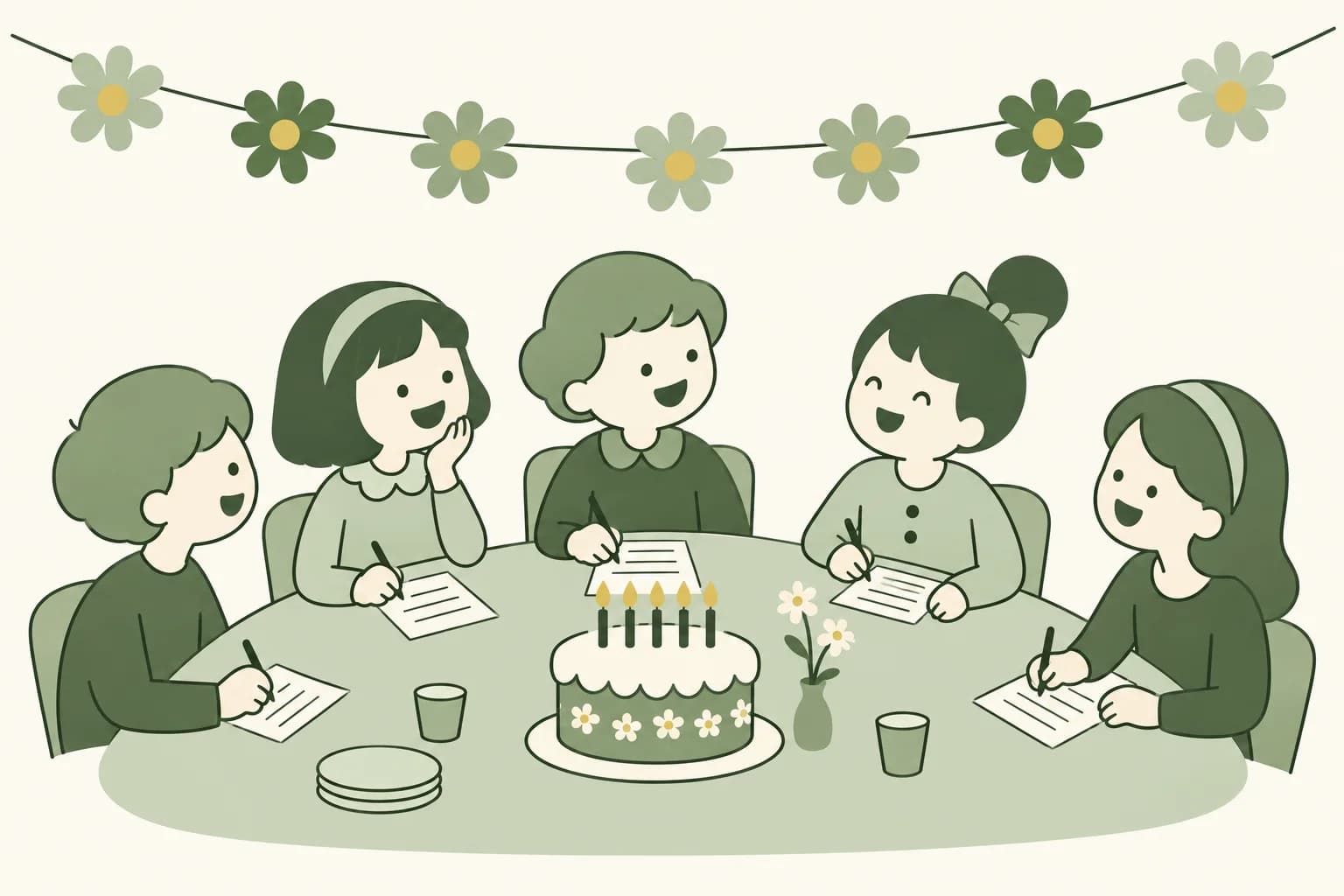 Cartoon friends laughing around a table at a birthday party, writing answers on trivia sheets beside a cake with candles, with a banner of paper daisies overhead