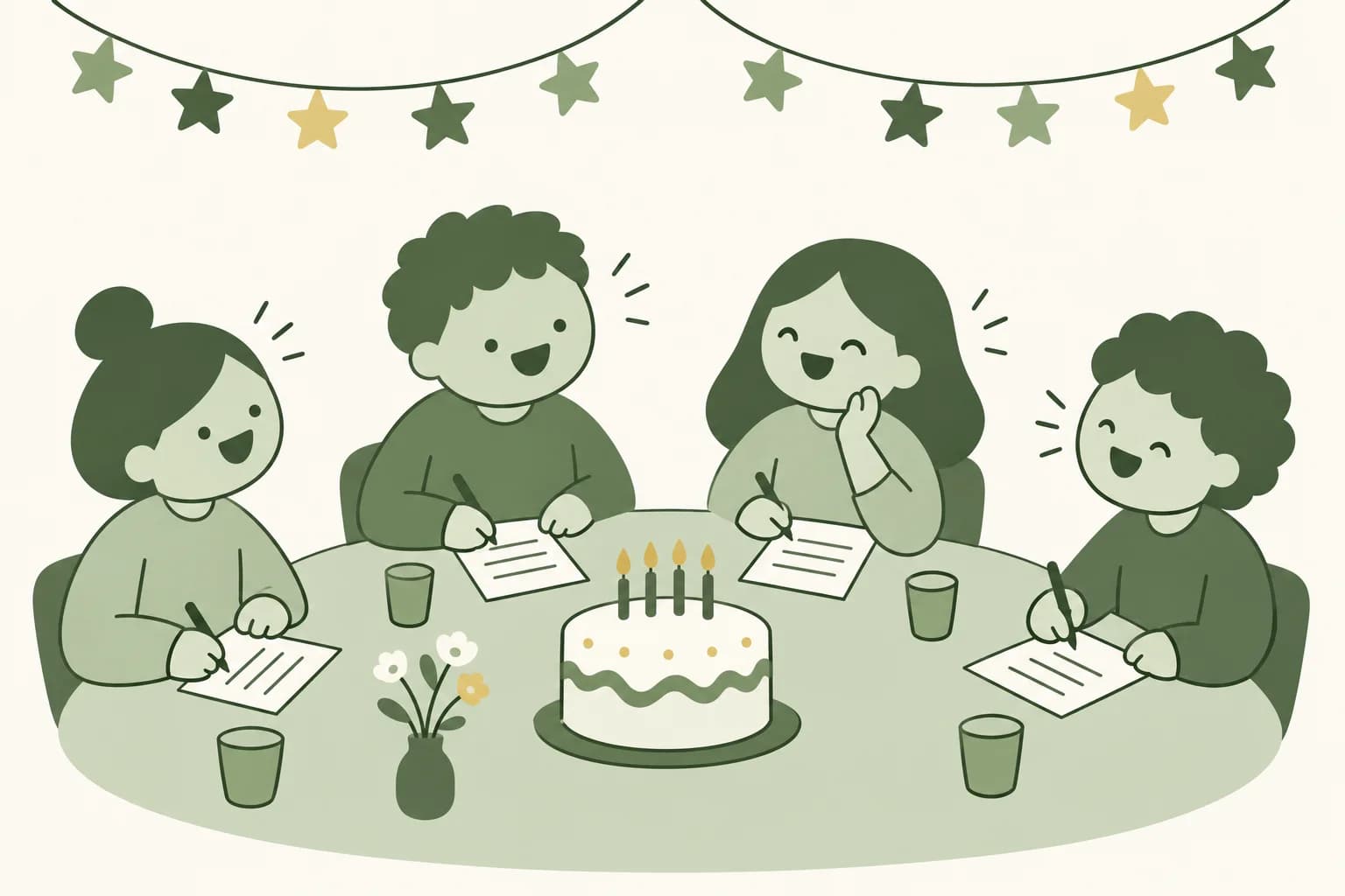 Cartoon friends laughing around a table at a birthday party, writing answers on trivia sheets beside a cake with candles, with paper star garlands overhead
