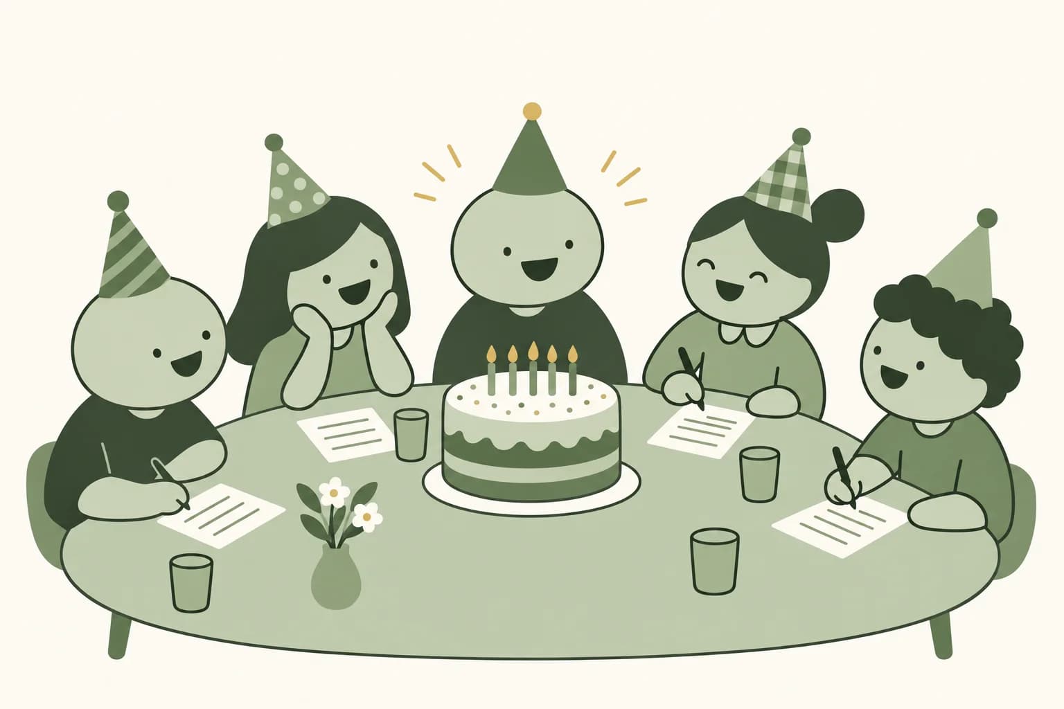 Cartoon friends laughing around a table at a birthday party, writing answers on trivia sheets beside a cake with candles