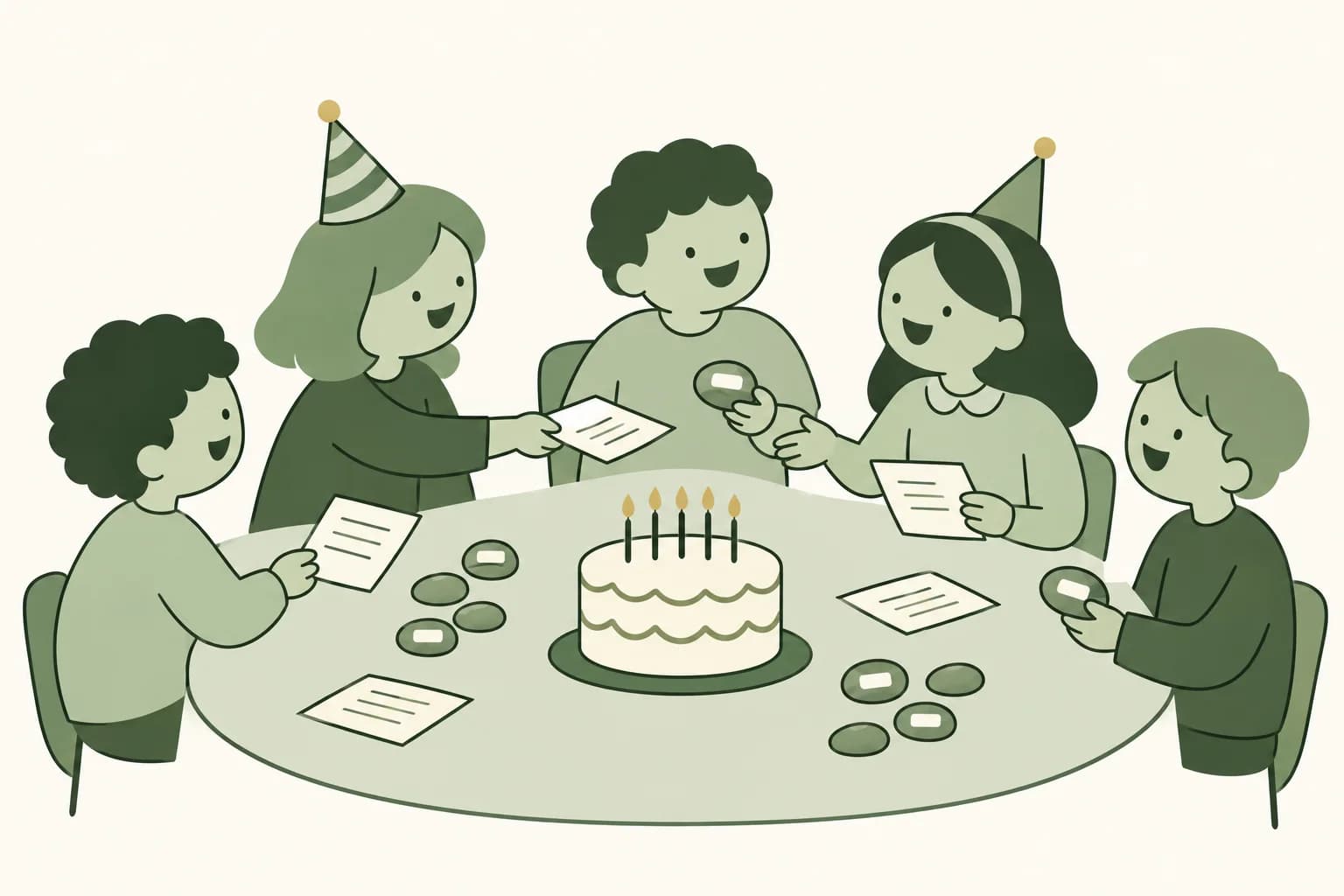 Cartoon friends laughing around a table at a birthday party, passing around trivia sheets and smooth stones with name tags beside a cake with candles