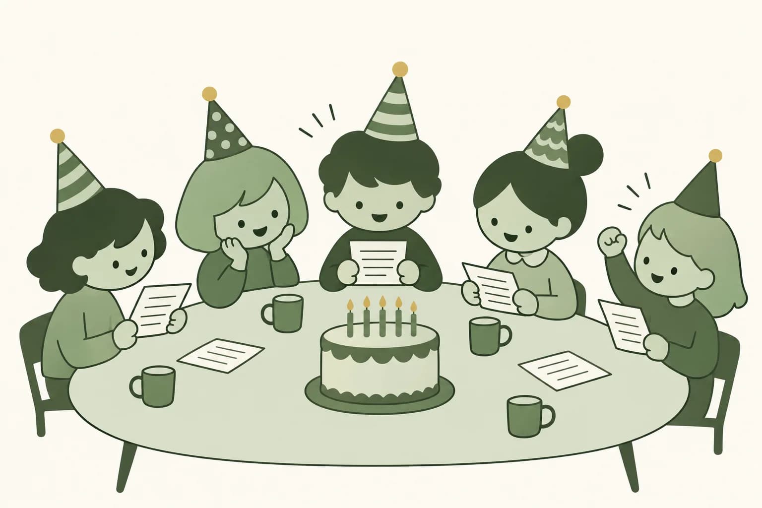 Cartoon friends cheering around a table at a birthday party, comparing answers on printed trivia sheets beside a cake with candles