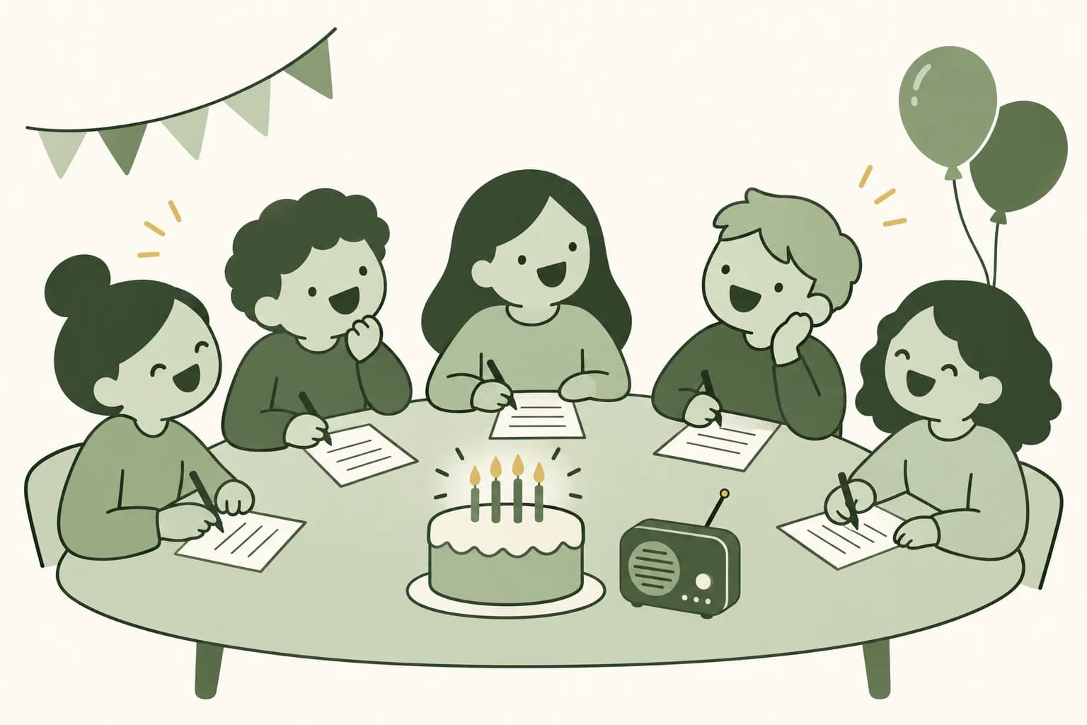 Cartoon friends laughing around a table at a birthday party, writing answers on trivia sheets beside a cake with candles and a small tabletop radio