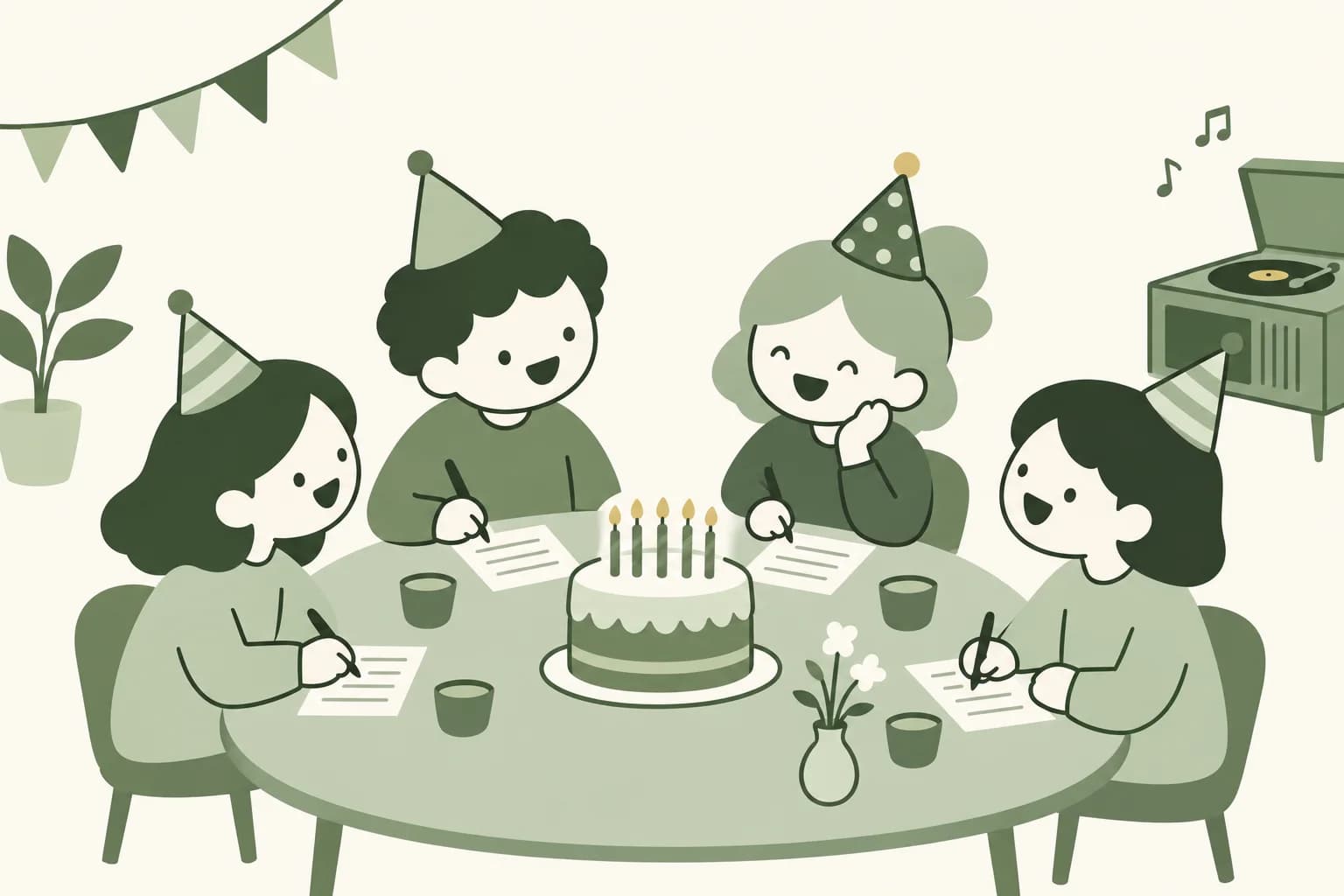 Cartoon friends laughing around a table at a birthday party, writing answers on trivia sheets beside a cake with candles, with a record player in the corner
