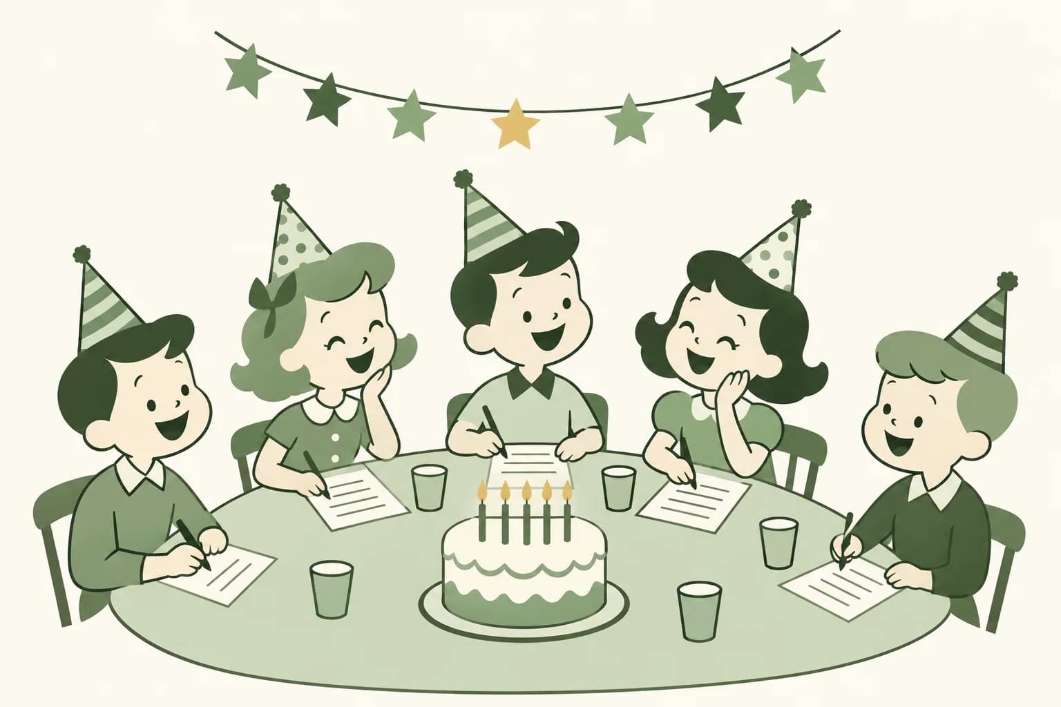 Cartoon friends laughing around a table at a birthday party, writing answers on trivia sheets beside a cake with candles, with a paper star garland on the wall
