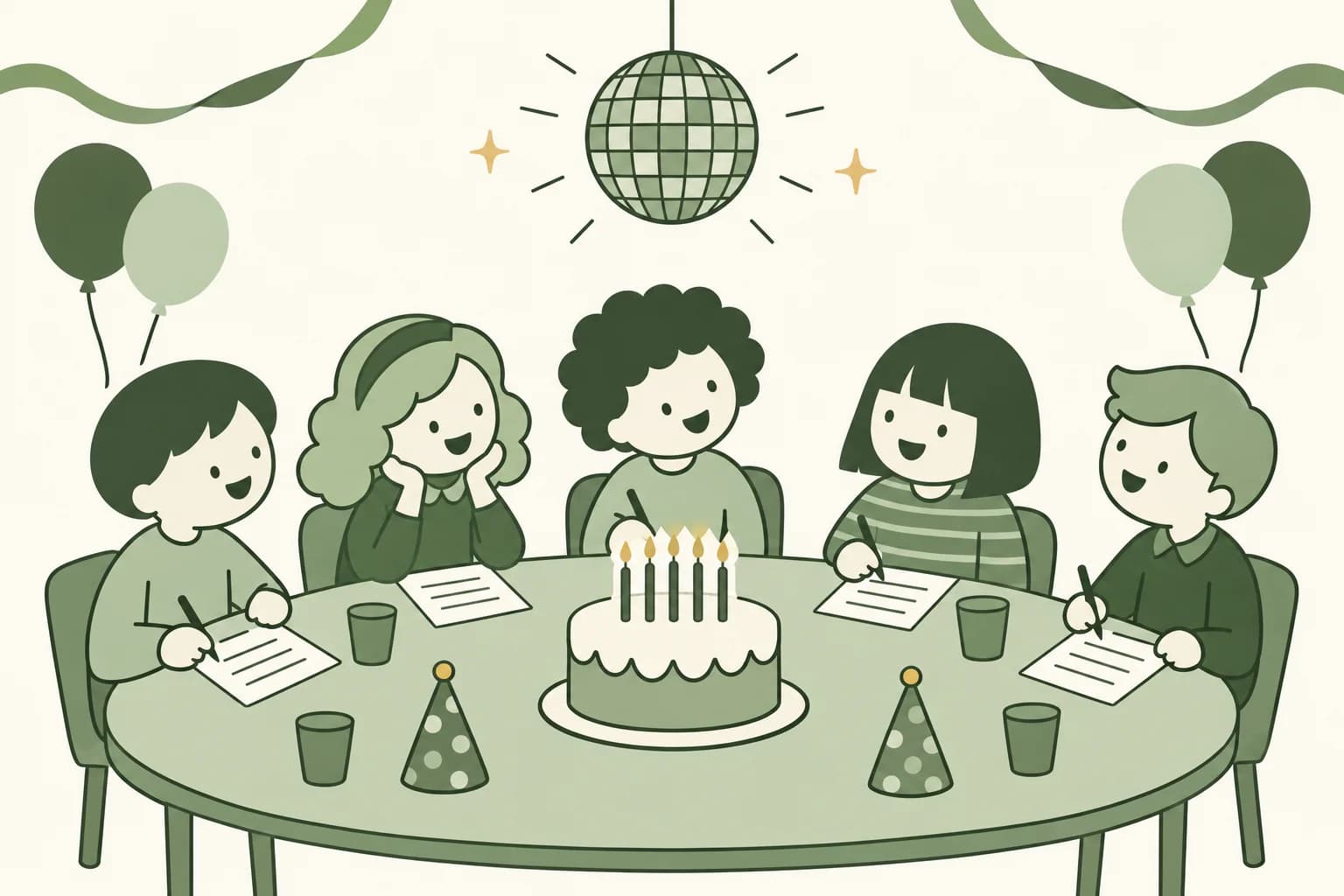 Cartoon friends laughing around a table at a birthday party, writing answers on trivia sheets beside a cake with candles, with a disco ball overhead