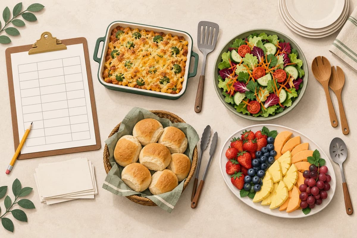 A blank signup sheet and host cards sit beside separate casserole, salad, bread and fruit dishes, each with a serving utensil.